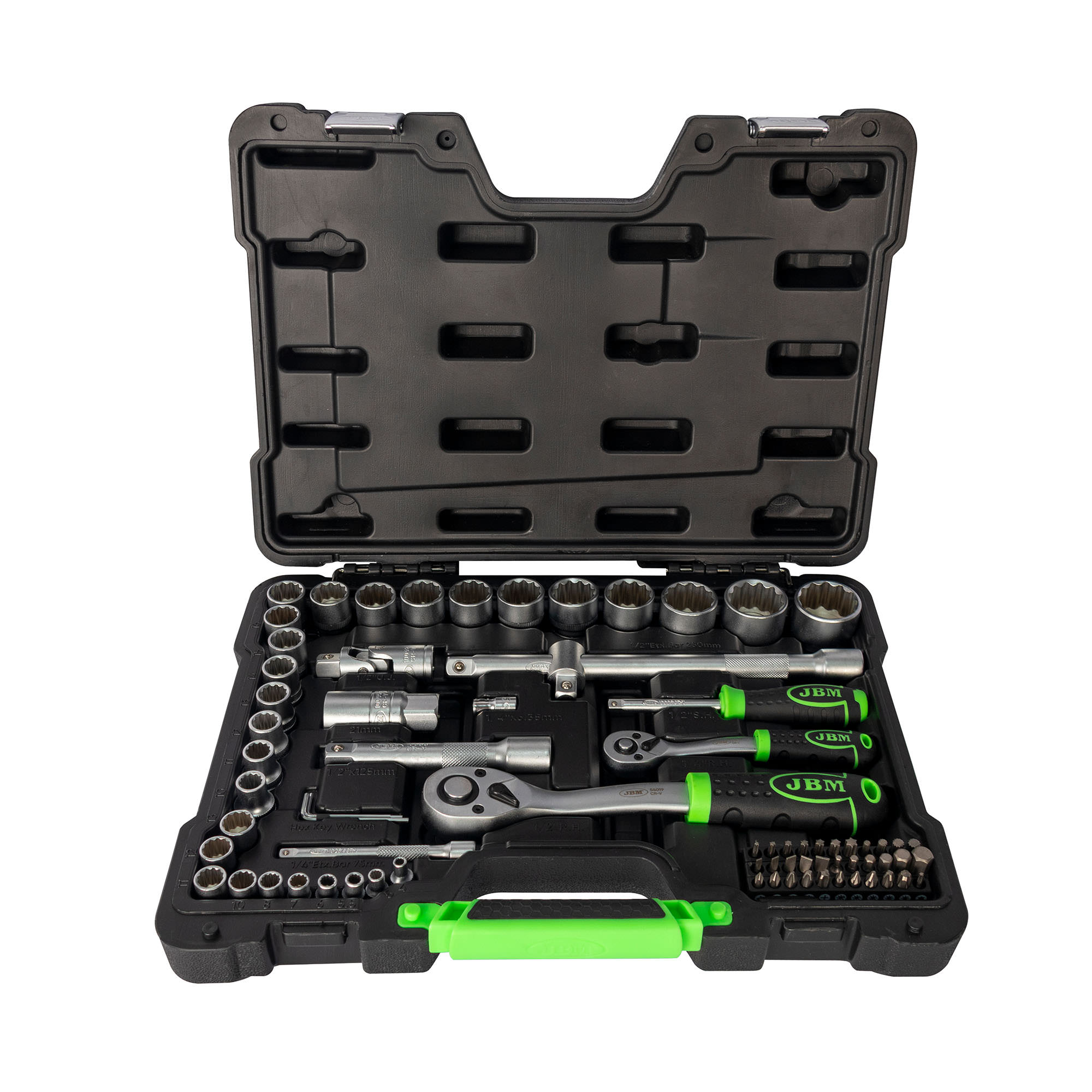 SET DI UTENSILI DA 74 PEZZI CON BUSSOLE BI-ESAGONALI DA 1/2" E 1/4" – FINITURA ZINCATA