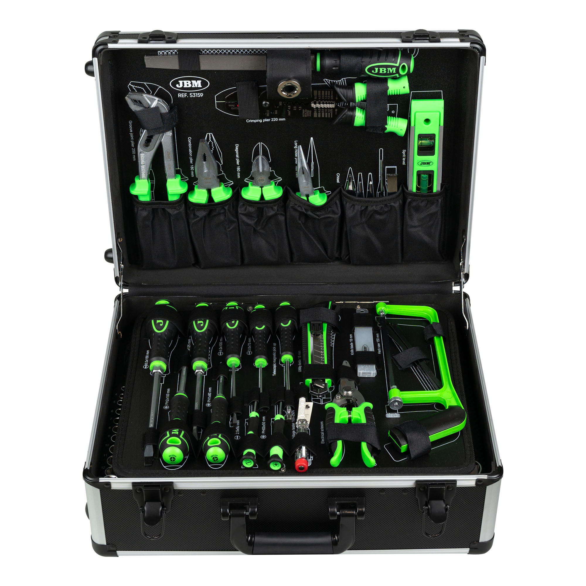 SET DI UTENSILI DA 159 PEZZI IN ALLUMINIO CON BUSSOLE DA 1/4" E 1/2" – FINITURA ZINCATA
