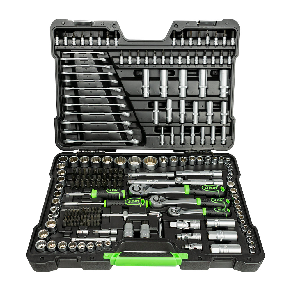 SET DI UTENSILI DA 216 PEZZI CON BUSSOLE A 12 LATI DA 1/4", 3/8" E 1/2" – FINITURA ZINCATA - JBM